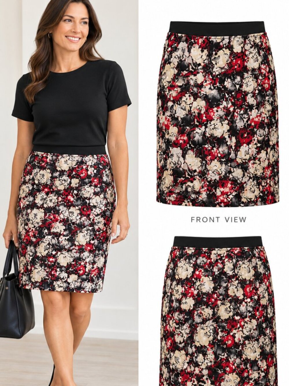 MODAMIX by Brandon Thomas Floral Print Skirt Size 0X Black Red Cream Stretch
